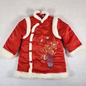 Girl's Red Satin Embroidered Tang Coat Jacket Sz 3T Mandarin Collar Faux Fur